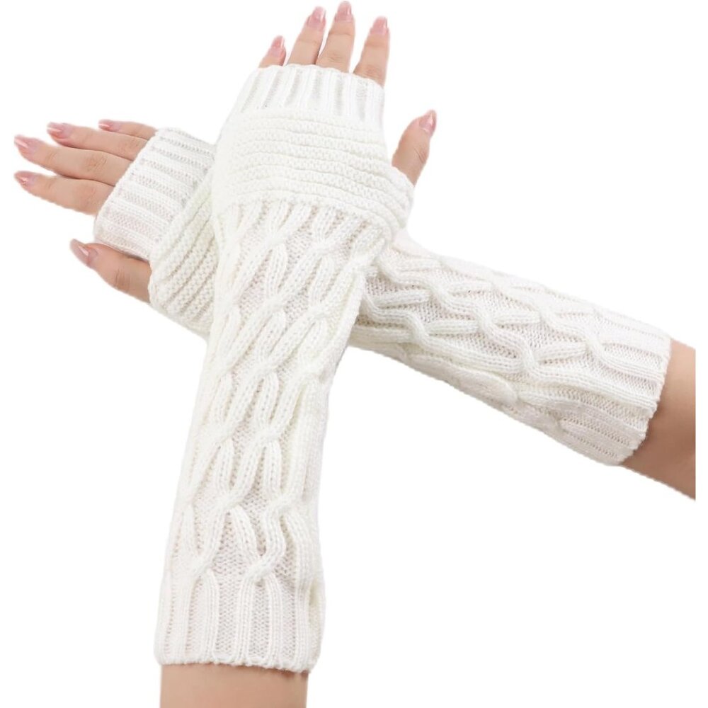 Women's White Thumb Hole Warm Arm Sleeves Fingerless Knit Wrist Mittens Gloves